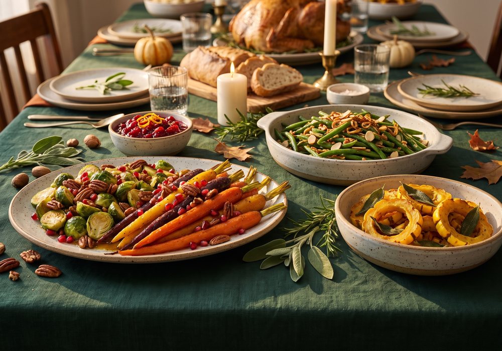 A Thanksgiving table with roasted carrots and Brussels sprouts, green beans with almonds and roasted squash